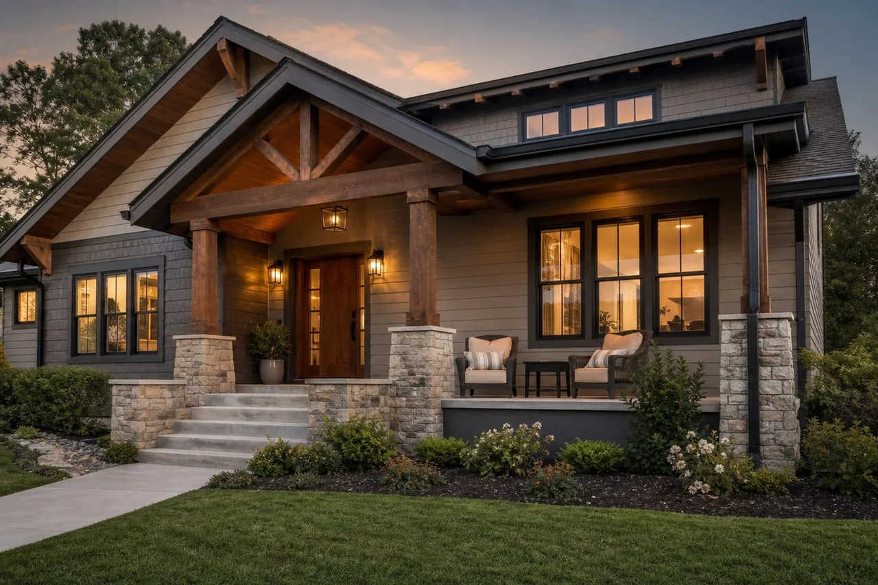 Representative central Oklahoma residential remodel exterior with warm porch lighting